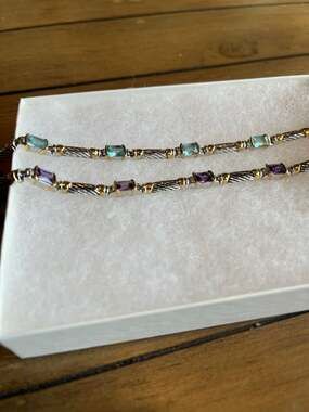 Two-Tone Cable Link Tennis Bracelets with Faux Blue Topaz and Amethyst Stones